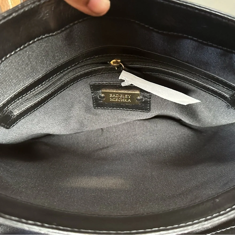 Badgley Mischka Black Leather Satchel Two—Toned Hardware Turnlock Crossbody - Picture 9 of 12